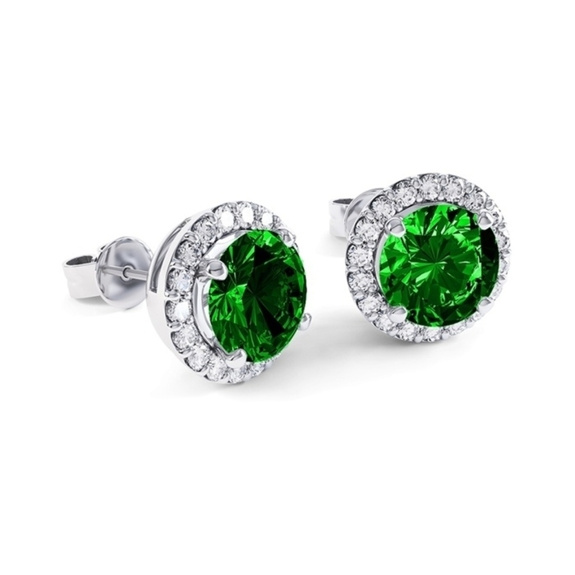 Green Emerald Halo Stud With Detailed Sides In White Gold Plating Earrings