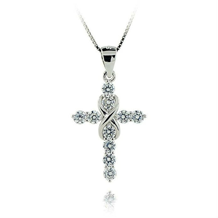 Women's 925 Sterling Silver CZ Crystal Cross Pendant 18 Link Chain Necklace
