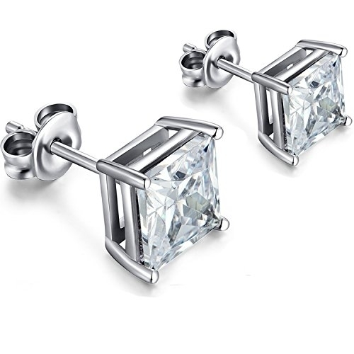 Solid 14K White Gold Plated Earrings With Cubic Zirconia Elements Crystals - Round White