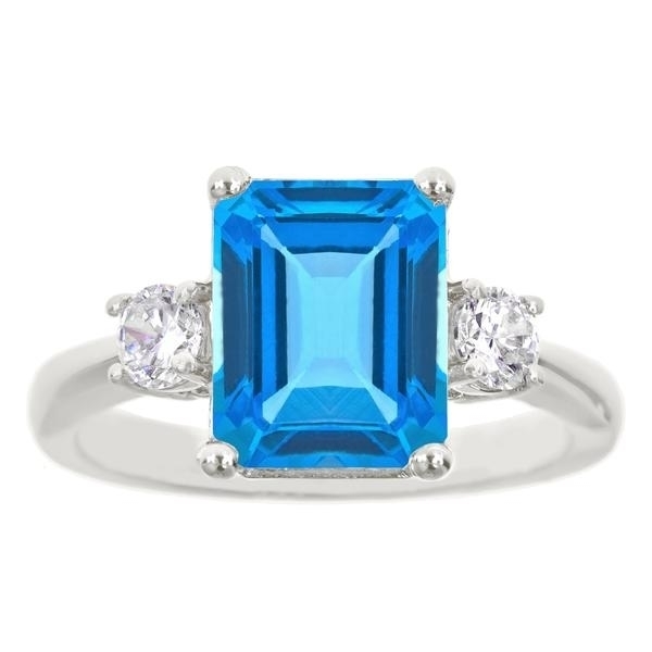 18K White Gold Plated Princess Cut Blue Topaz CZ Ring - Size 6