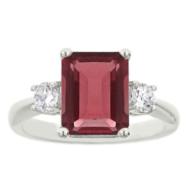 18K White Gold Plated Princess Cut Red Ruby CZ Ring - Size 8