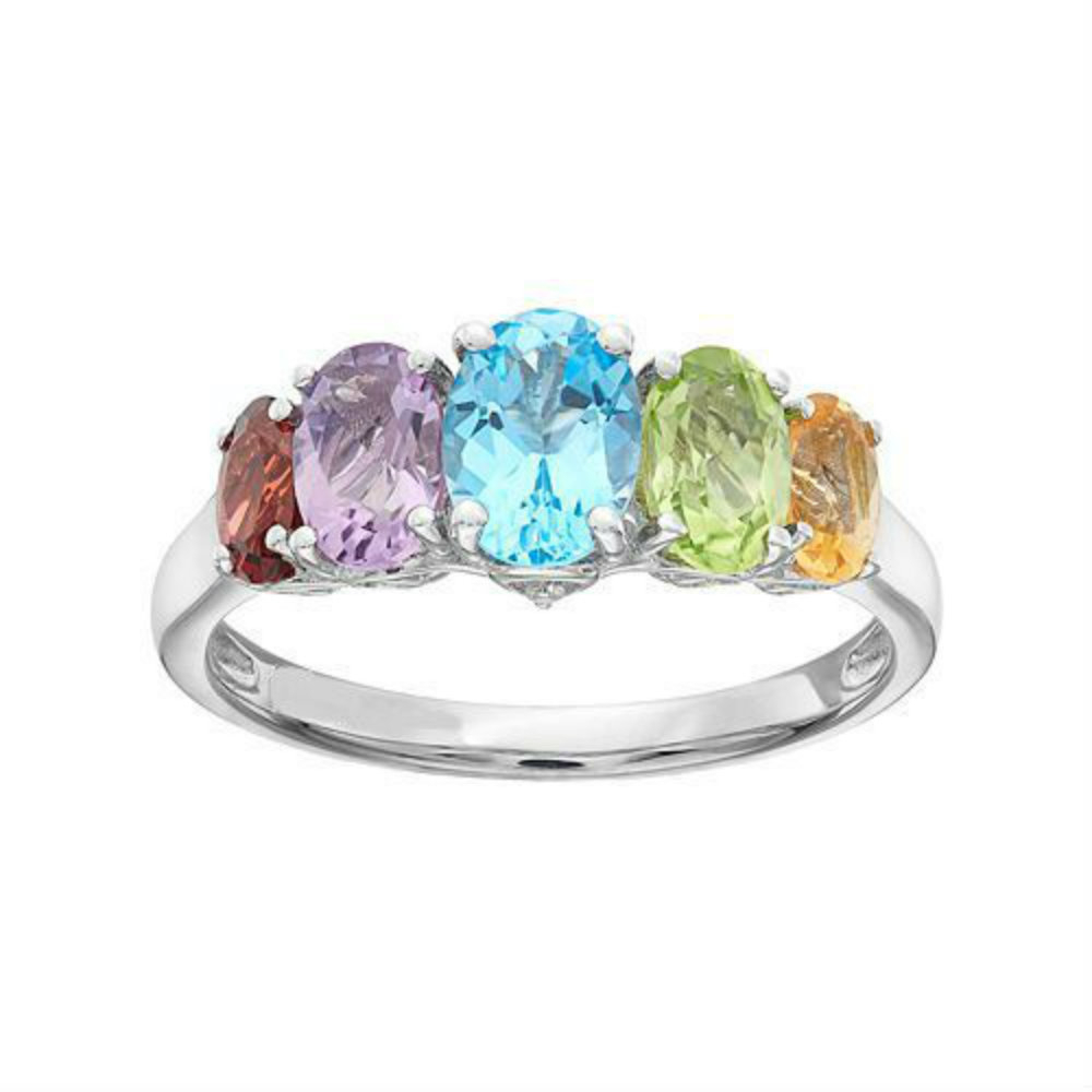 18K White Gold Plated Multi Colored Stone 5 Prong Multi Colored Stone Ring - Size 6