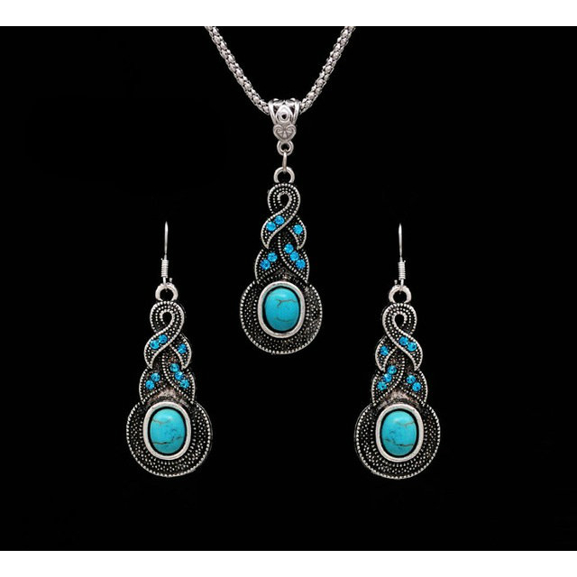 Necklace Earrings Women Ethnic Blue Crystal Tibetan Silver Pendant Necklace Earrings Turquoise Jewelry Sets - Set