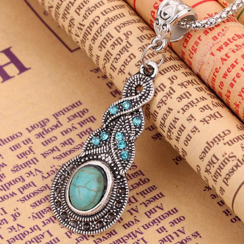 Necklace Earrings Women Ethnic Blue Crystal Tibetan Silver Pendant Necklace Earrings Turquoise Jewelry Sets - Necklace