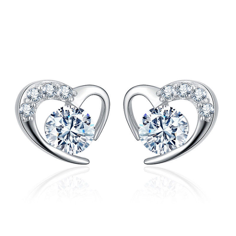 18K Gold Plated CZ Crystal Heart Stud Earring - Clear CZ