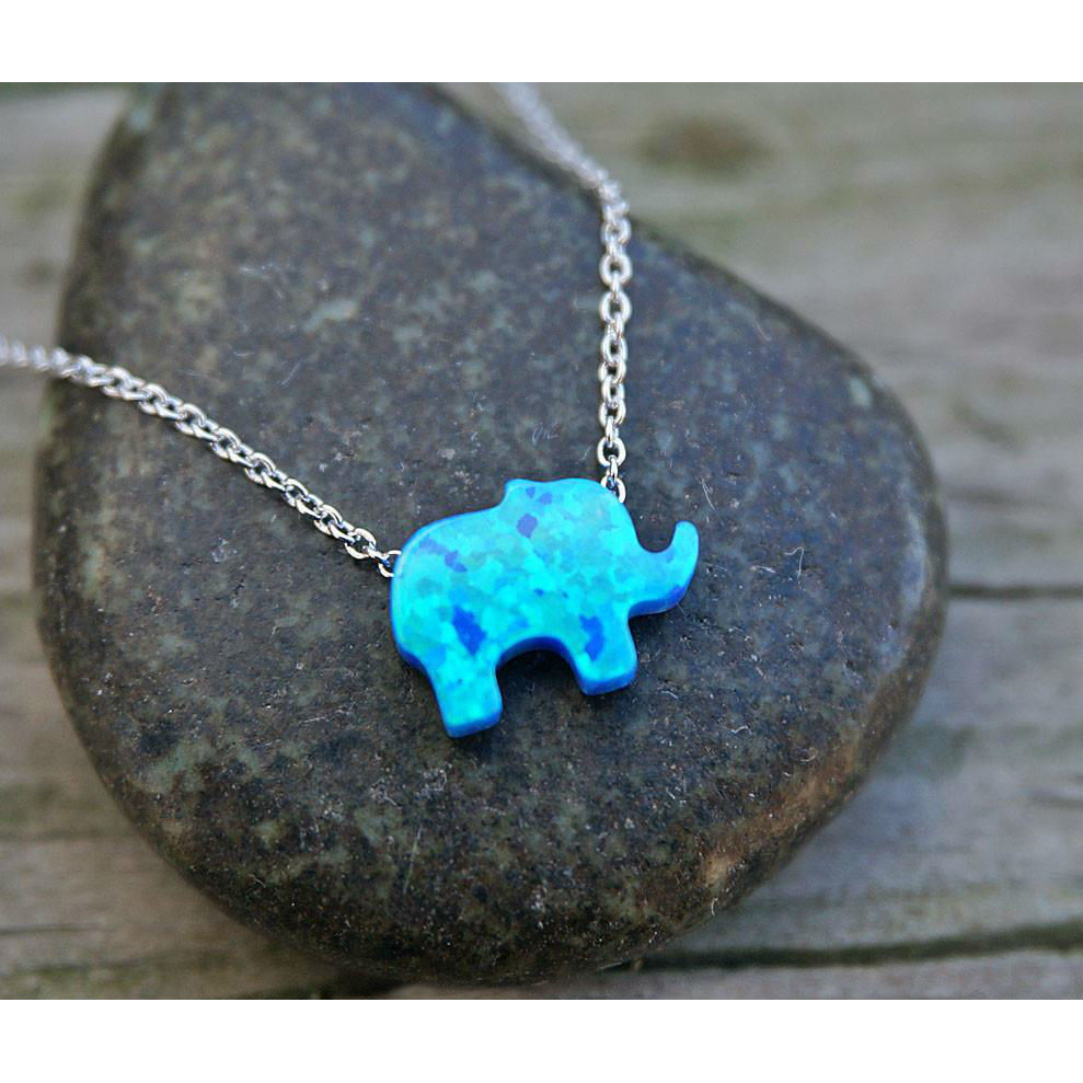 Pretty Opal Elephant Pendant Necklace Elephant Charm Sterling Silver Necklace - Blue Opal