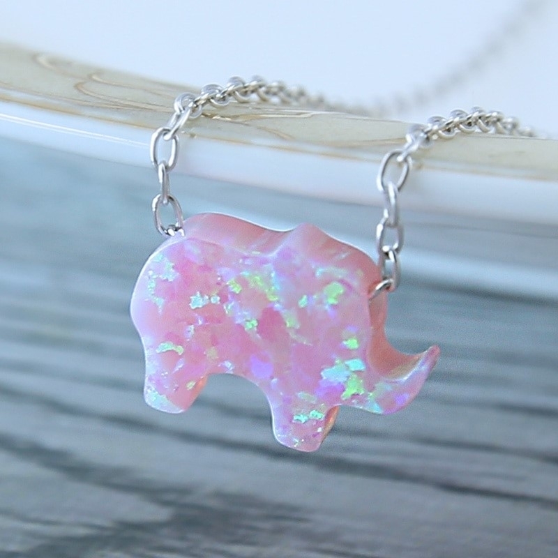 Pretty Opal Elephant Pendant Necklace Elephant Charm Sterling Silver Necklace - Pink Opal