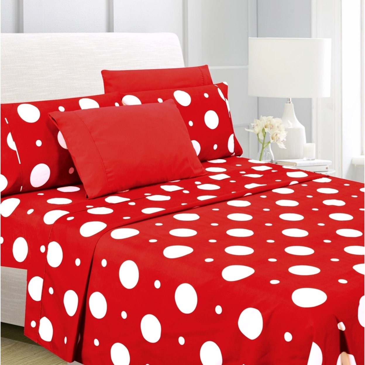 American Home Collection Ultra Soft 4-6 Piece Polka Dot Printed Bed Sheet Set - Queen, Red