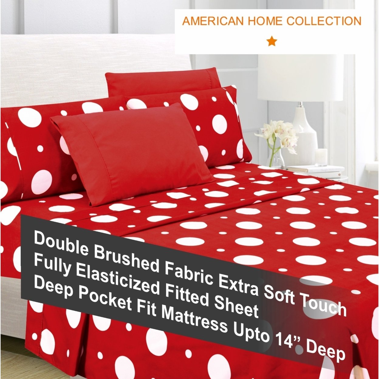 American Home Collection Ultra Soft 4-6 Piece Polka Dot Printed Bed Sheet Set - King, Red