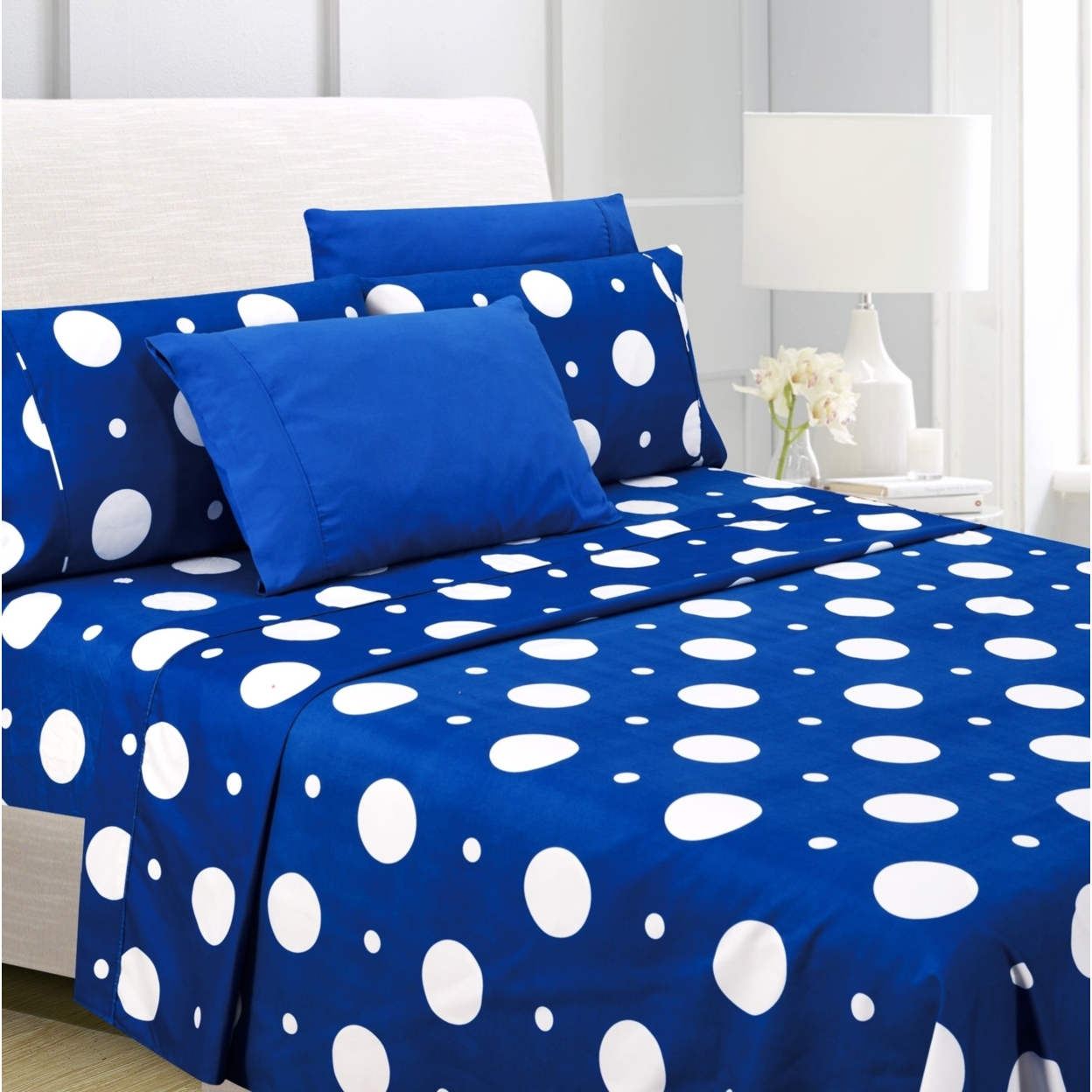 American Home Collection Ultra Soft 4-6 Piece Polka Dot Printed Bed Sheet Set - Twin, Blue