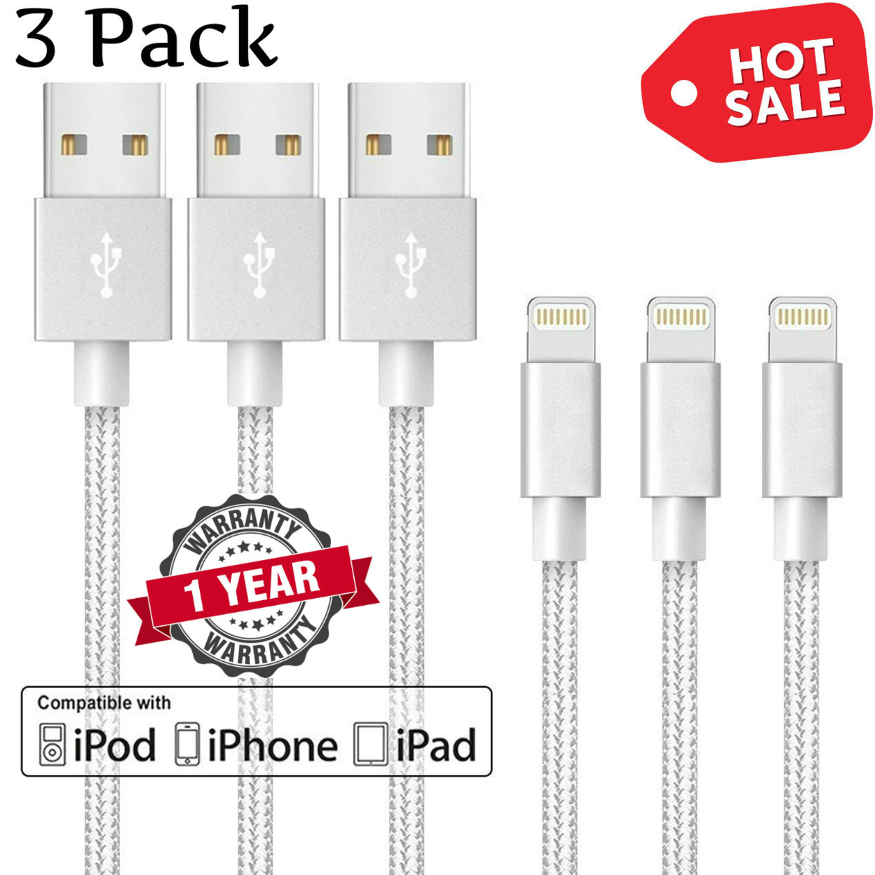 6 FT Heavy Duty Braided 8 Pin USB Charger Cable Cord For Apple IPhone - White, 4