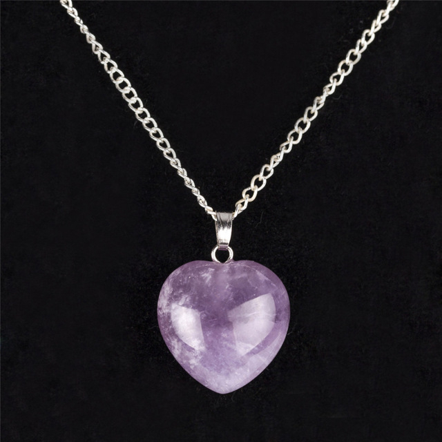 Sterling Silver Plated Stone Heart Pendant Necklace - Purple