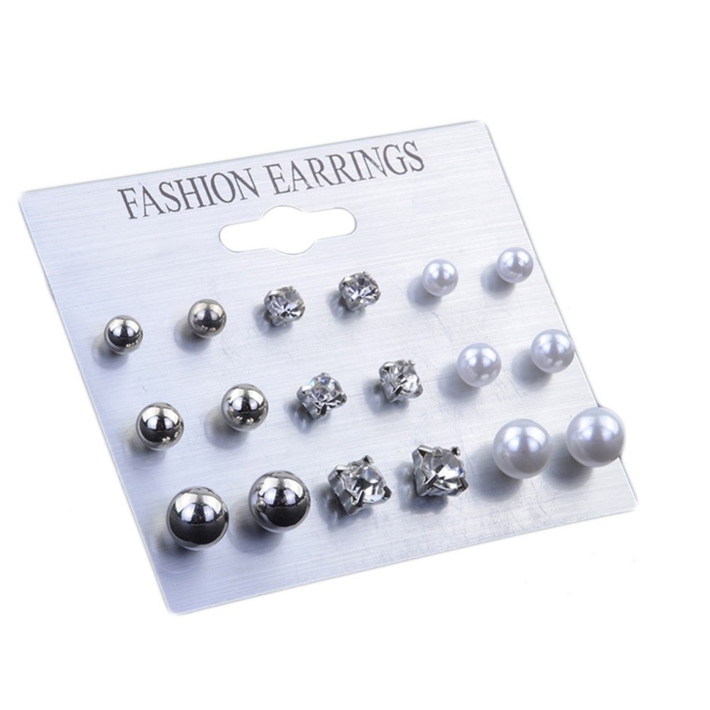 9 Pairs 18k White Gold Plated Crystal Ball Pearls CZ Stud Earrings