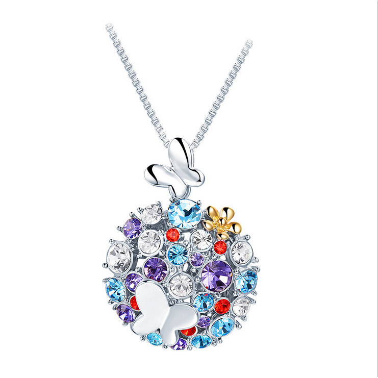 Sterling Silver Plated Multi Color CZ Butterfly Pendant Necklace