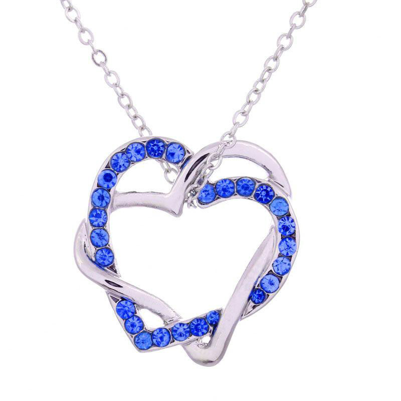 White Gold Double Heart Necklace With Simulated Diamond Trim