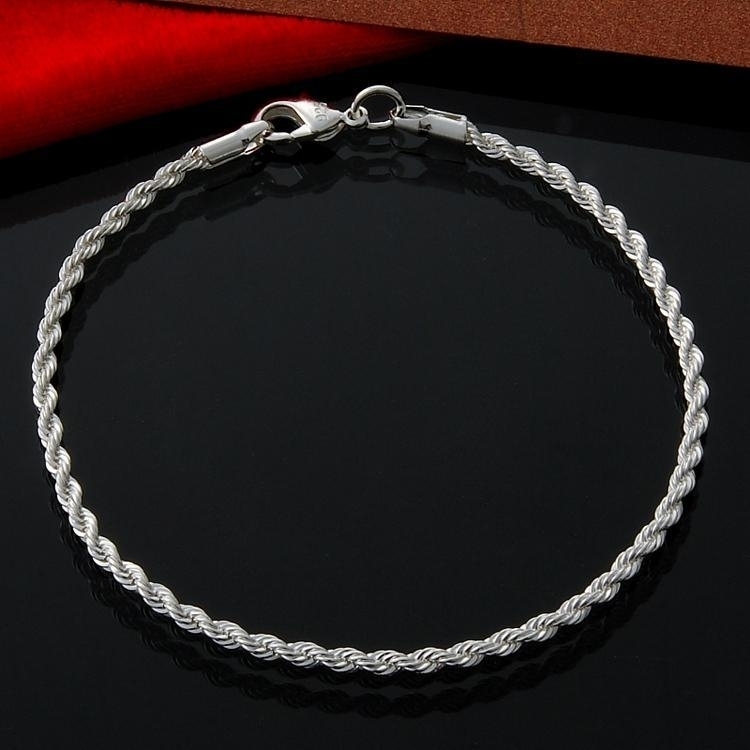 Rope Chain Bracelet Anklet Gold Silver Diamond Cut Link Womens Real 925 Sterling Silver Women Solid Italian 3mm