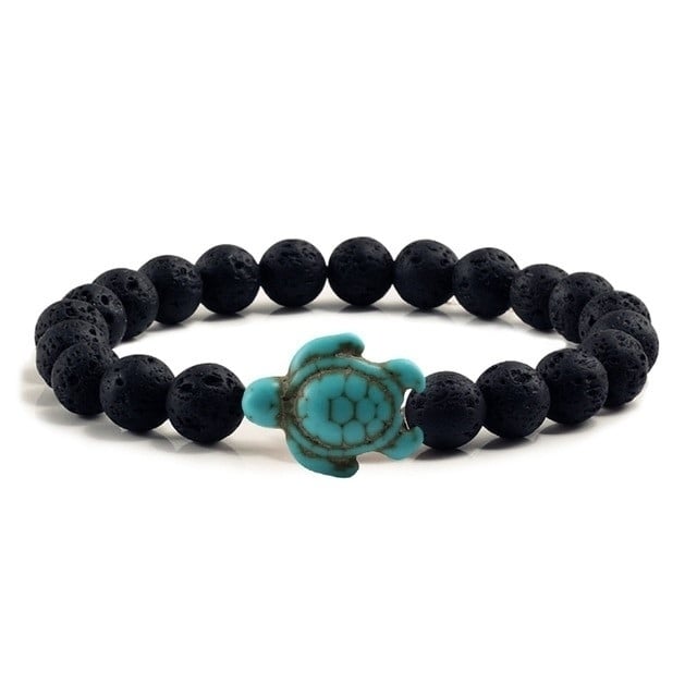 Black Lava Chakra Turquoise Stones Sea Turtles Charm Bracelet