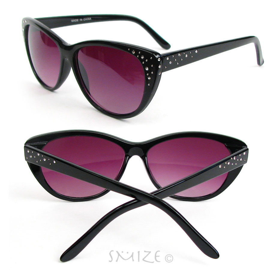Cat Eye Black Or Tortoise Crystal Decorated Women's Cateye Sunglasses - Black