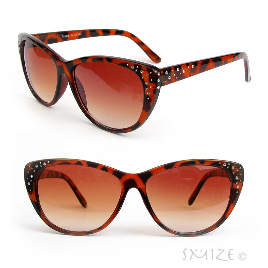 Cat Eye Black Or Tortoise Crystal Decorated Women's Cateye Sunglasses - Brown