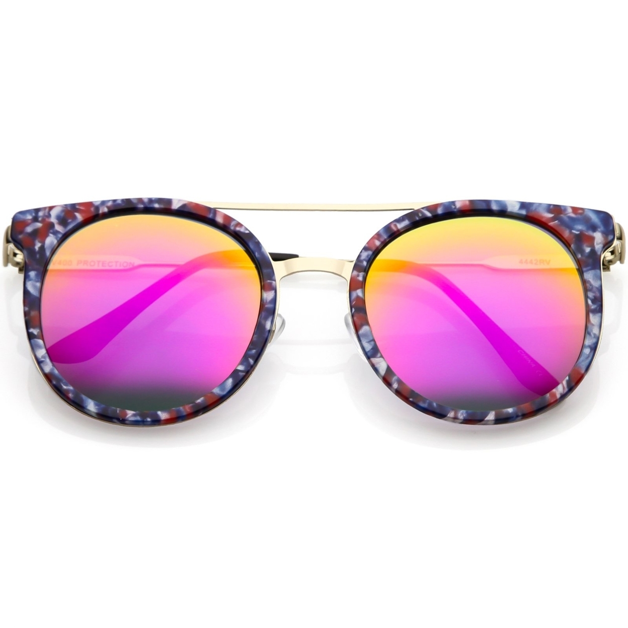 Modern Horn Rimmed Sunglasses Sleek Double Nose Bridge Round Color Mirrored Lens 51mm - Blue Red Silver / Magenta Mirror