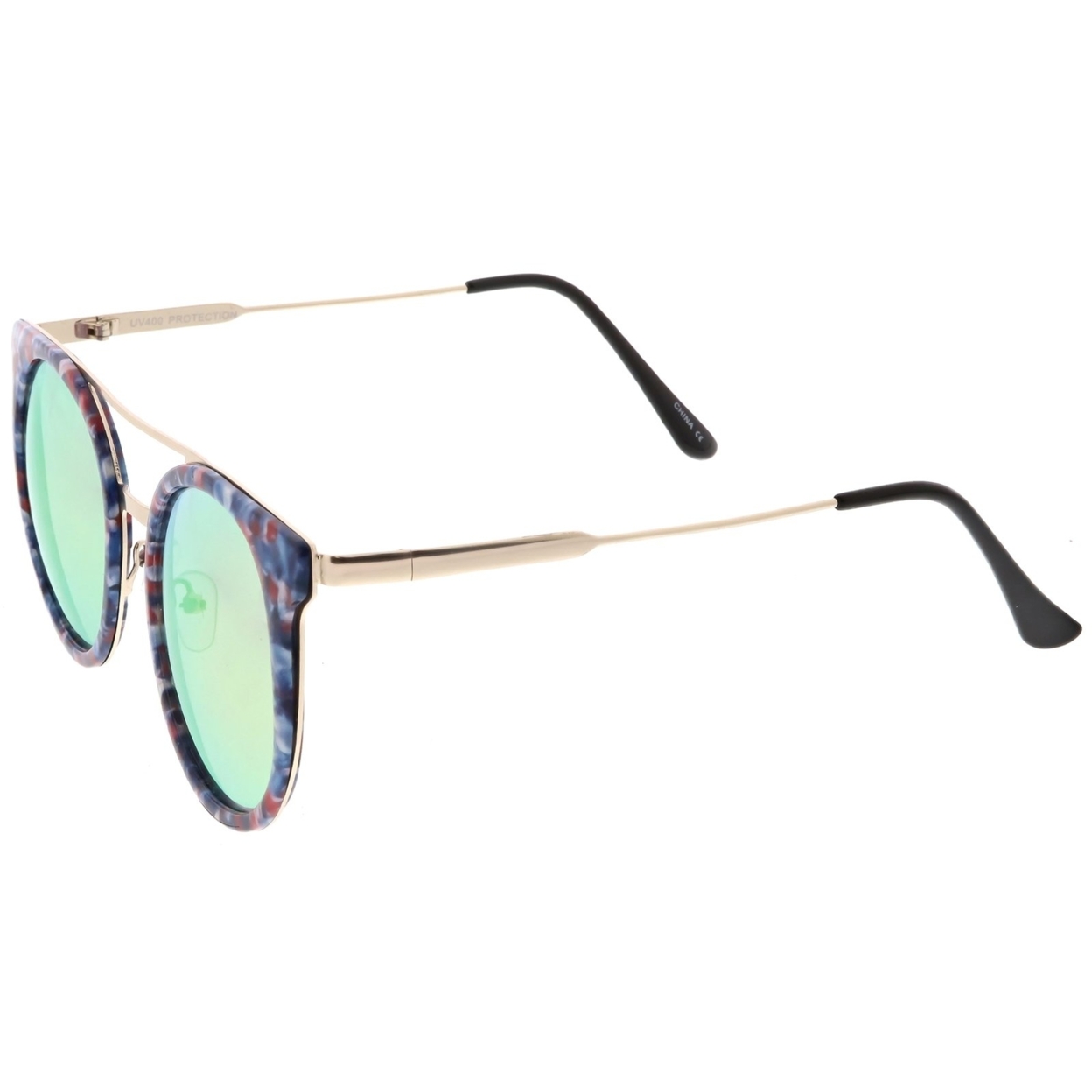 Modern Horn Rimmed Sunglasses Sleek Double Nose Bridge Round Color Mirrored Lens 51mm - Beige Gold / Silver Mirror