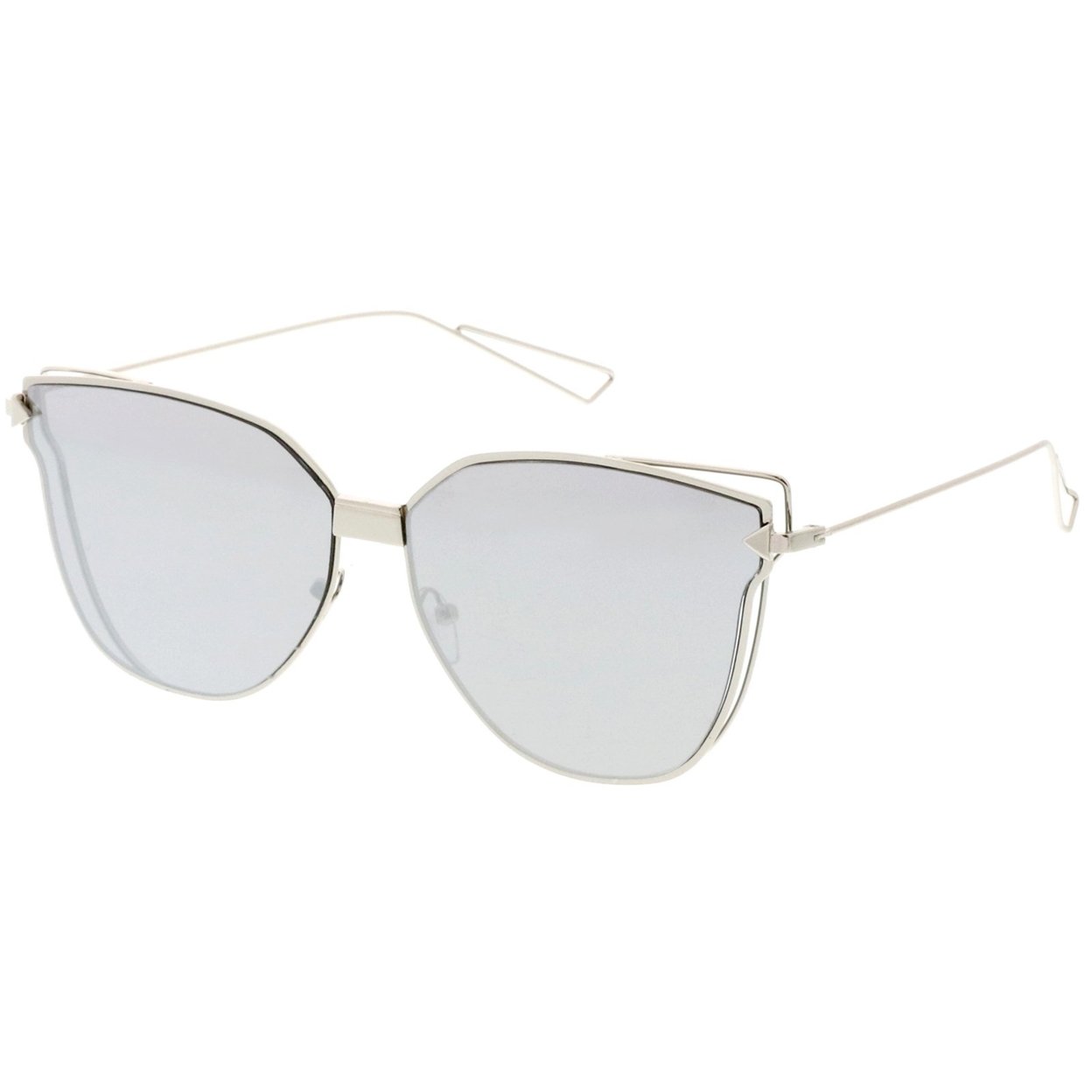 Oversize Cat Eye Sunglasses With Mirrored Flat Lens And Wire Arms 59mm - Silver / Blue Mirror