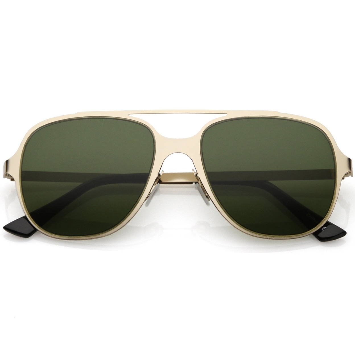 Sleek Metal Aviator Sunglasses With Double Crossbar Neutral Color Flat Lens 54mm - Gold / Green