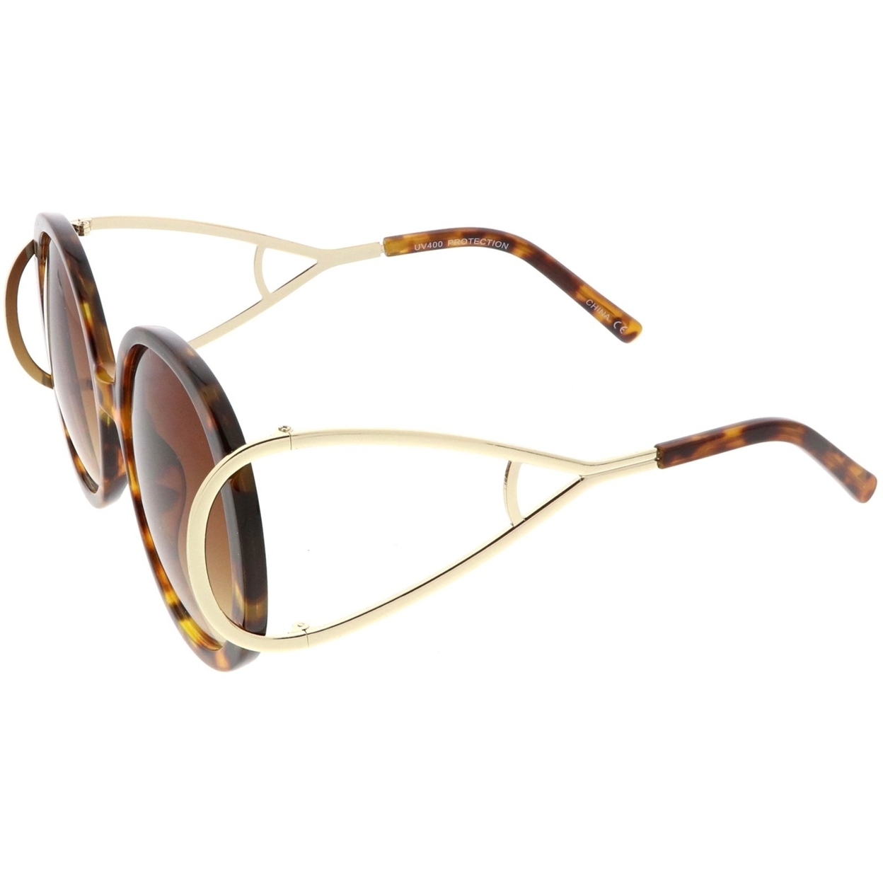 Women's Chunky Round Sunglasses Open Metal Arms Neutral Colored Lens 55mm - Tortoise Gold / Amber