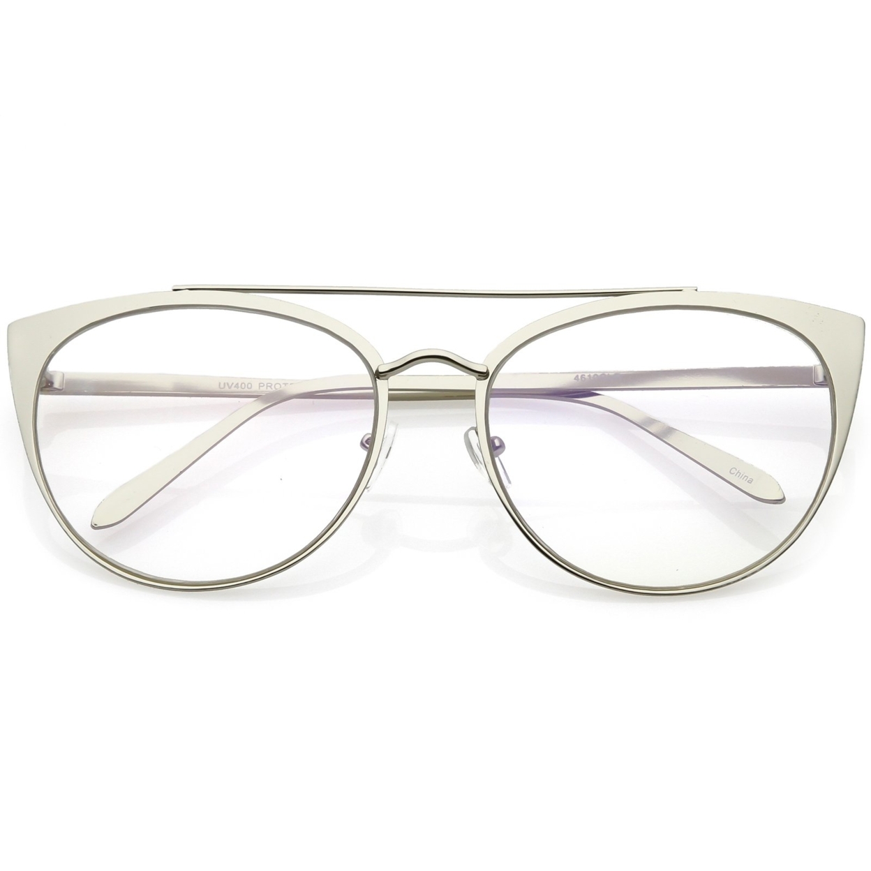 Women's Oversize Metal Cat Eye Glasses Crossbar Round Clear Flat Lens 61mm - Black / Clear