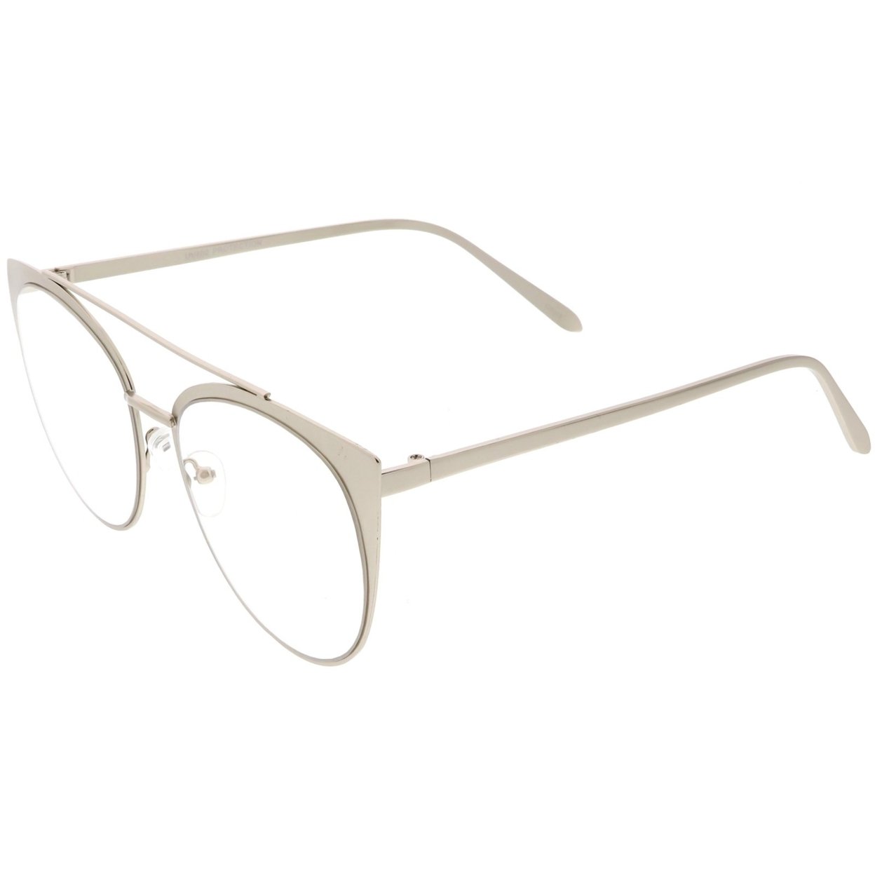 Women's Oversize Metal Cat Eye Glasses Crossbar Round Clear Flat Lens 61mm - Silver / Clear