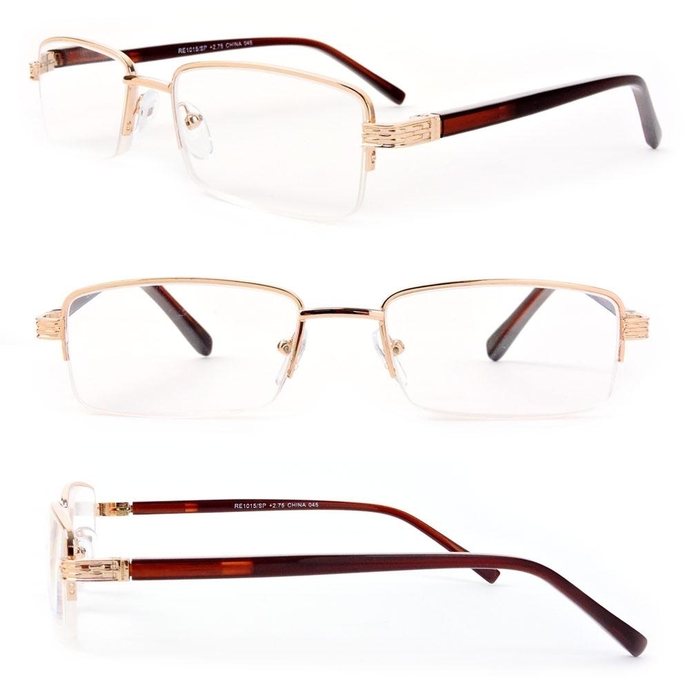 Semi-Rimless Rectangle Lenses Spring Hinges Reading Glasses - Brown/Gold, +2.00