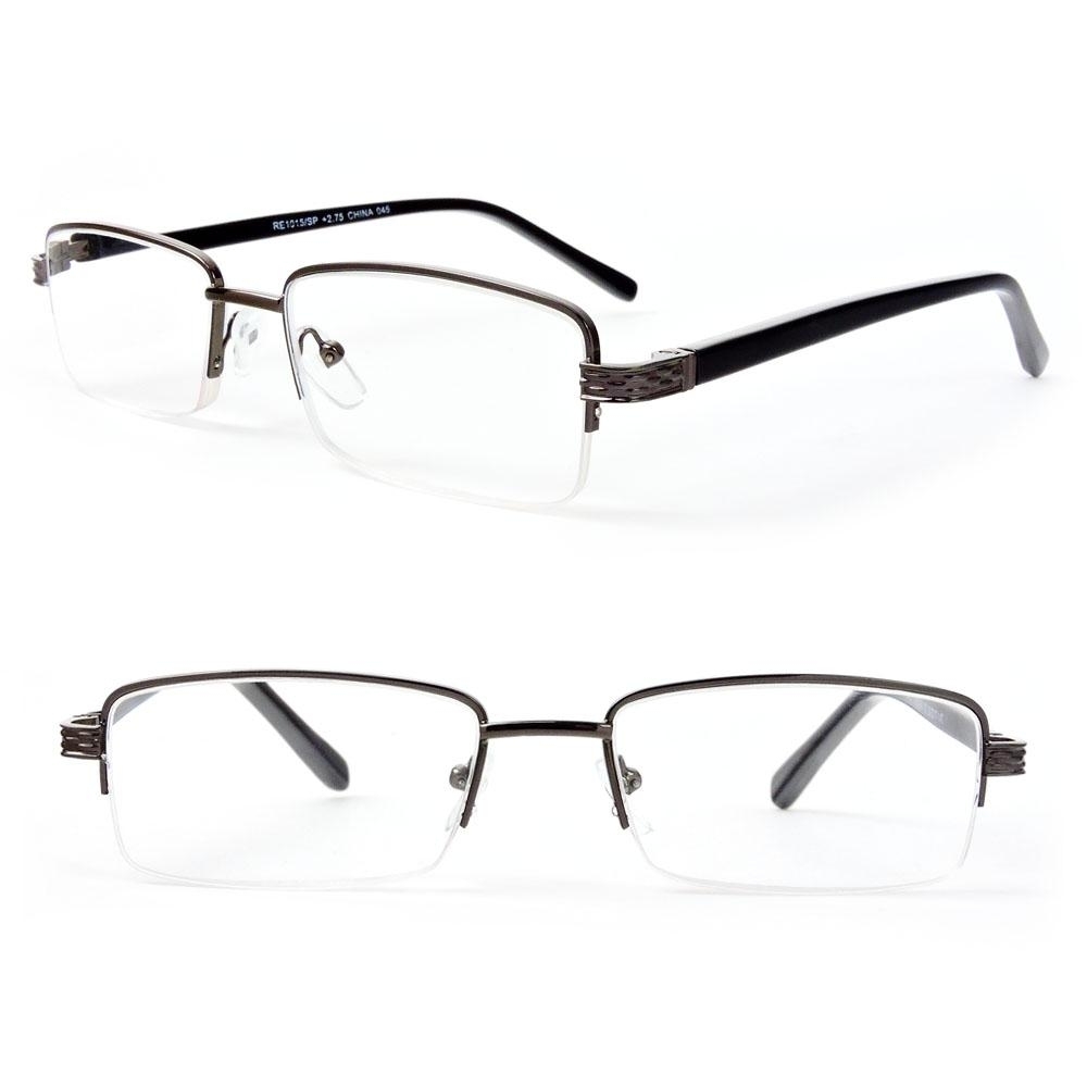 Semi-Rimless Rectangle Lenses Spring Hinges Reading Glasses - Black/Gun, +3.00