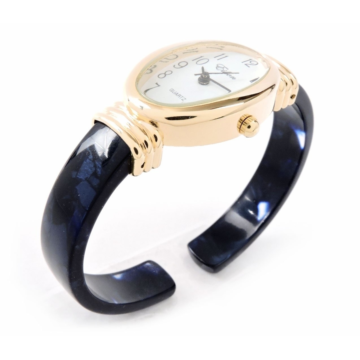 Tortoise Blue Acrylic Band With Gold Oval Case Women's Bangle Cuff WATCH