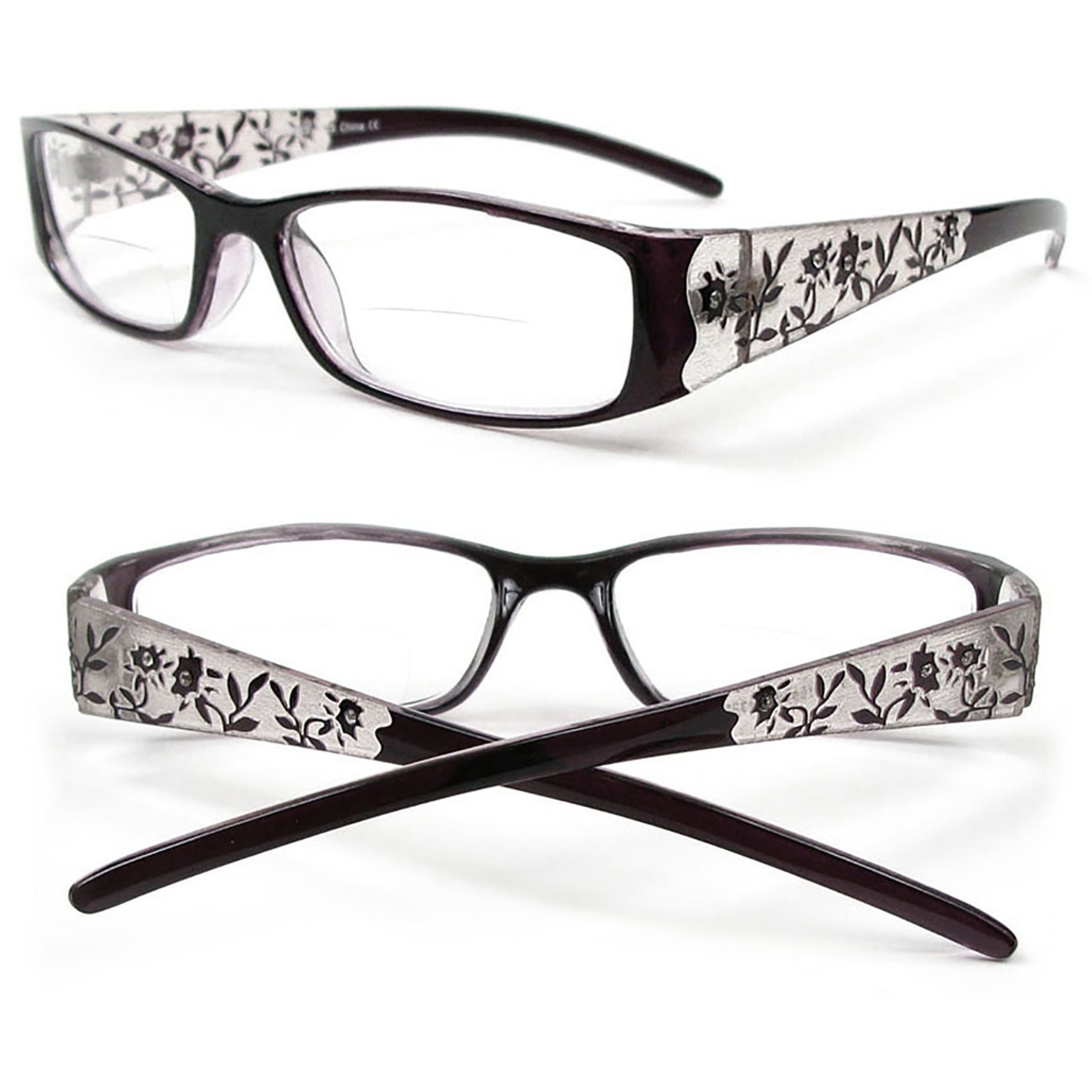 Reading Glasses Bifocal Floral Pattern Crystal Readers - Black, +3.25
