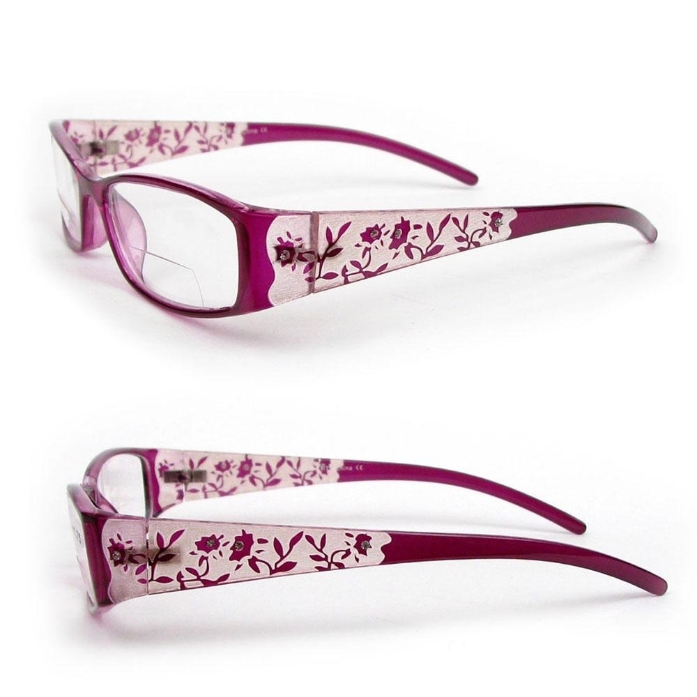 Reading Glasses Bifocal Floral Pattern Crystal Readers - Purple, +2.50