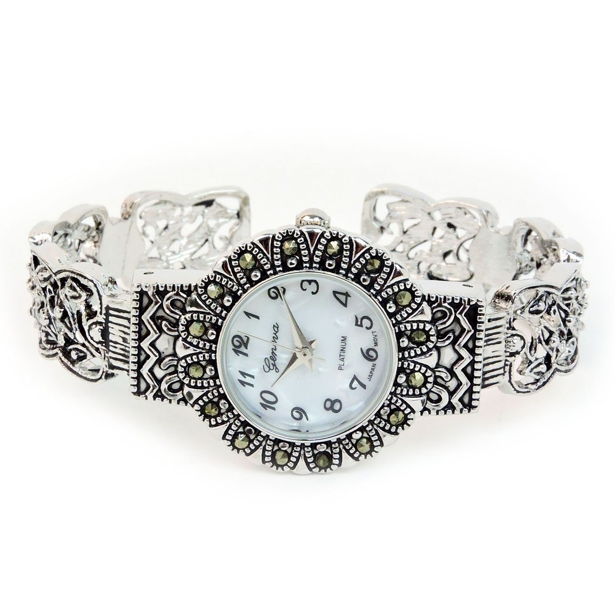 Silver Black Vintage Style Marcasite Round Face Bangle Cuff Watch For Women