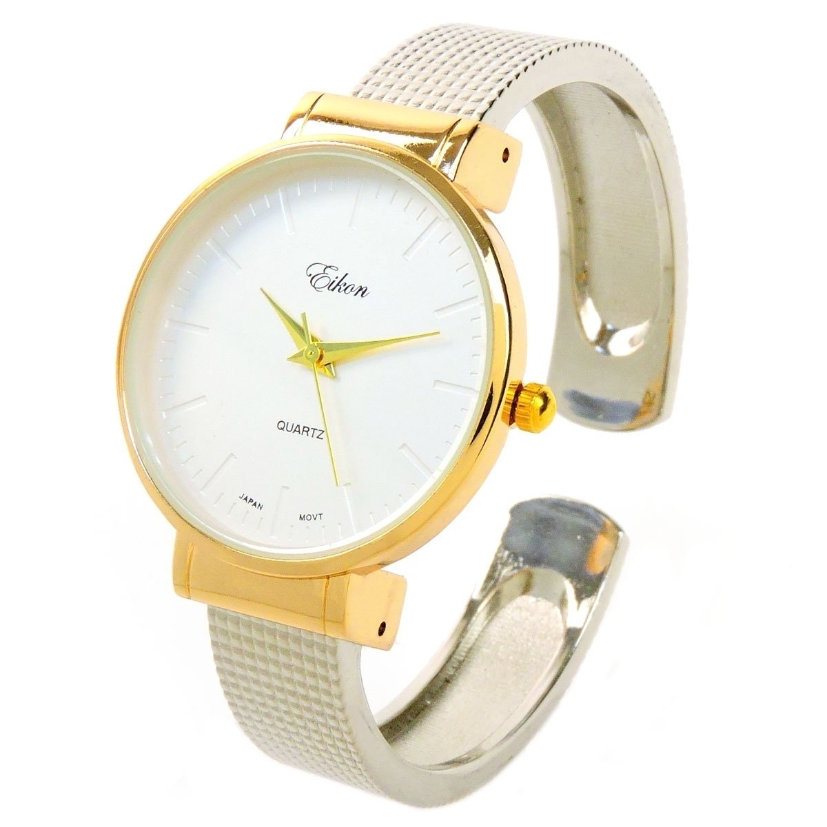 2Tone Mesh Style Band Large Dial Easy To Read Women's Bangle Cuff Watch