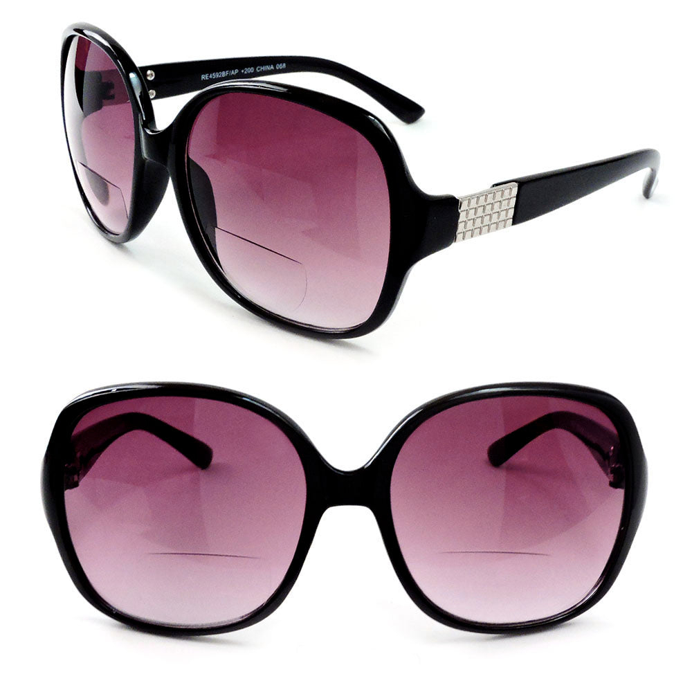 Bifocal Oversized Sun Readers Round Frame Women's Reading Sunglasses - Black SL, +2.75