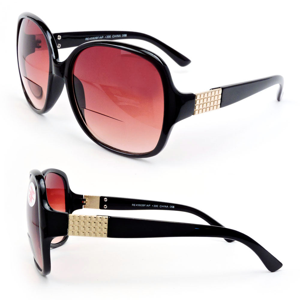 Bifocal Oversized Sun Readers Round Frame Women's Reading Sunglasses - Black GL, +2.25