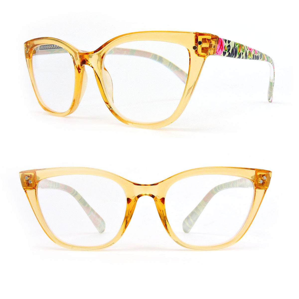 Oversized Cat Eye Frame Spring Hinges Women's Reading Glasses - Honey, +1.75