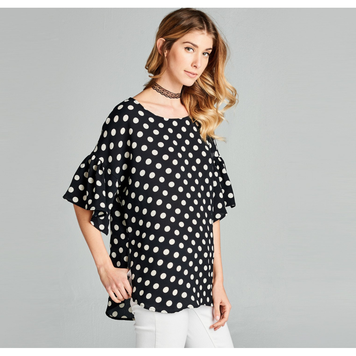 Polka Dot Relaxed Fit Bell Sleeve Top - Black, Large (14-16)