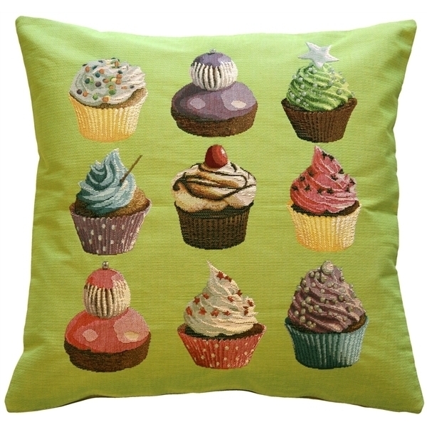 Pillow Decor - Cupcakes On Green French Tapestry Throw Pillow