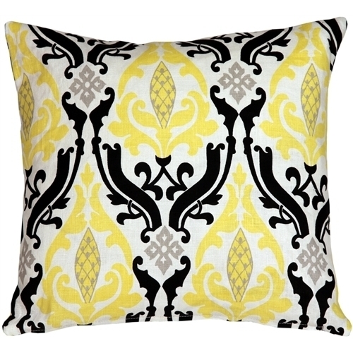 Pillow Decor - Linen Damask Print Yellow Black 16x16 Throw Pillow