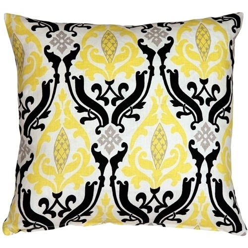 Pillow Decor - Linen Damask Print Yellow Black 18x18 Throw Pillow