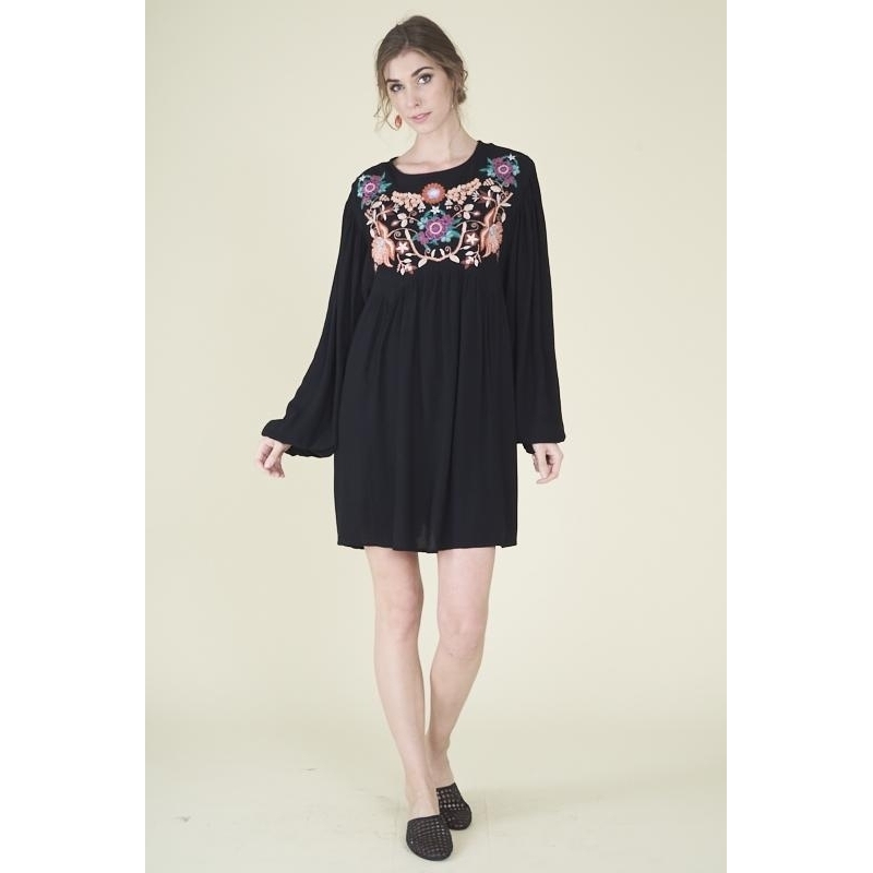 Embroidered Peasant Dress - Black, Small (2-6)