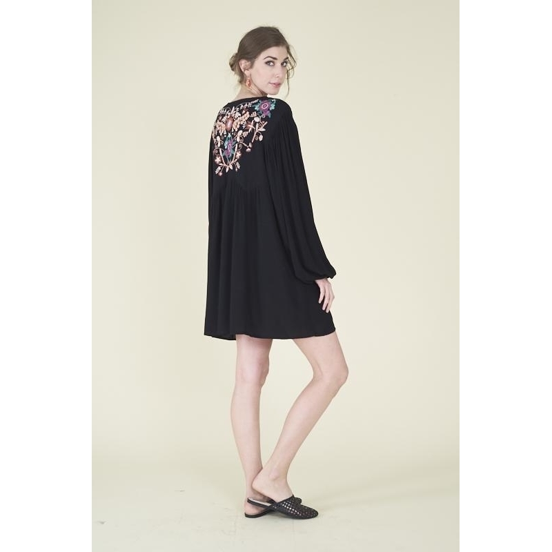 Embroidered Peasant Dress - Black, Medium (8-10)