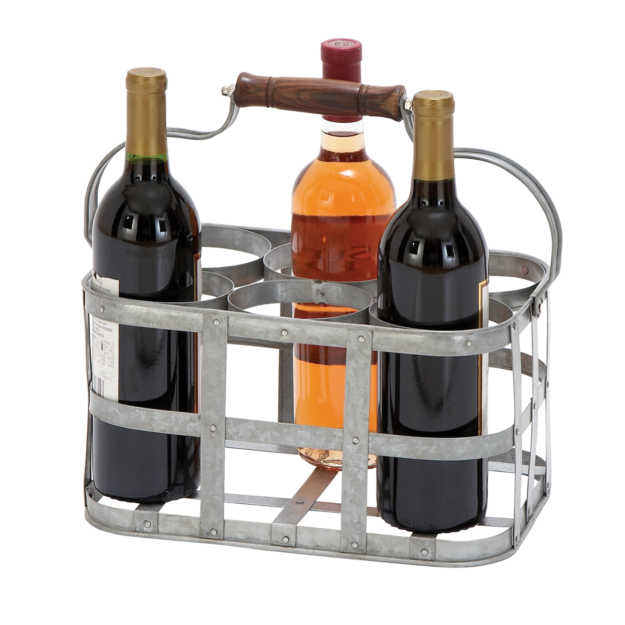 6 Bottle Farmhouse Metal Wine Holder With Wooden Handle, Gray- Saltoro Sherpi
