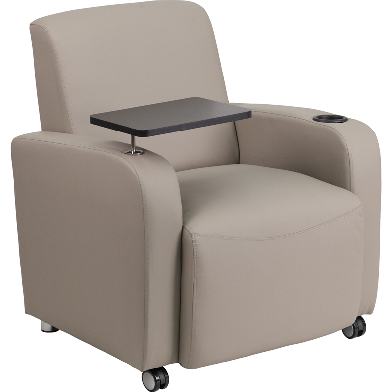 Gray Leather Guest Chair With Tablet Arm Front Wheel Casters And Cup Holder