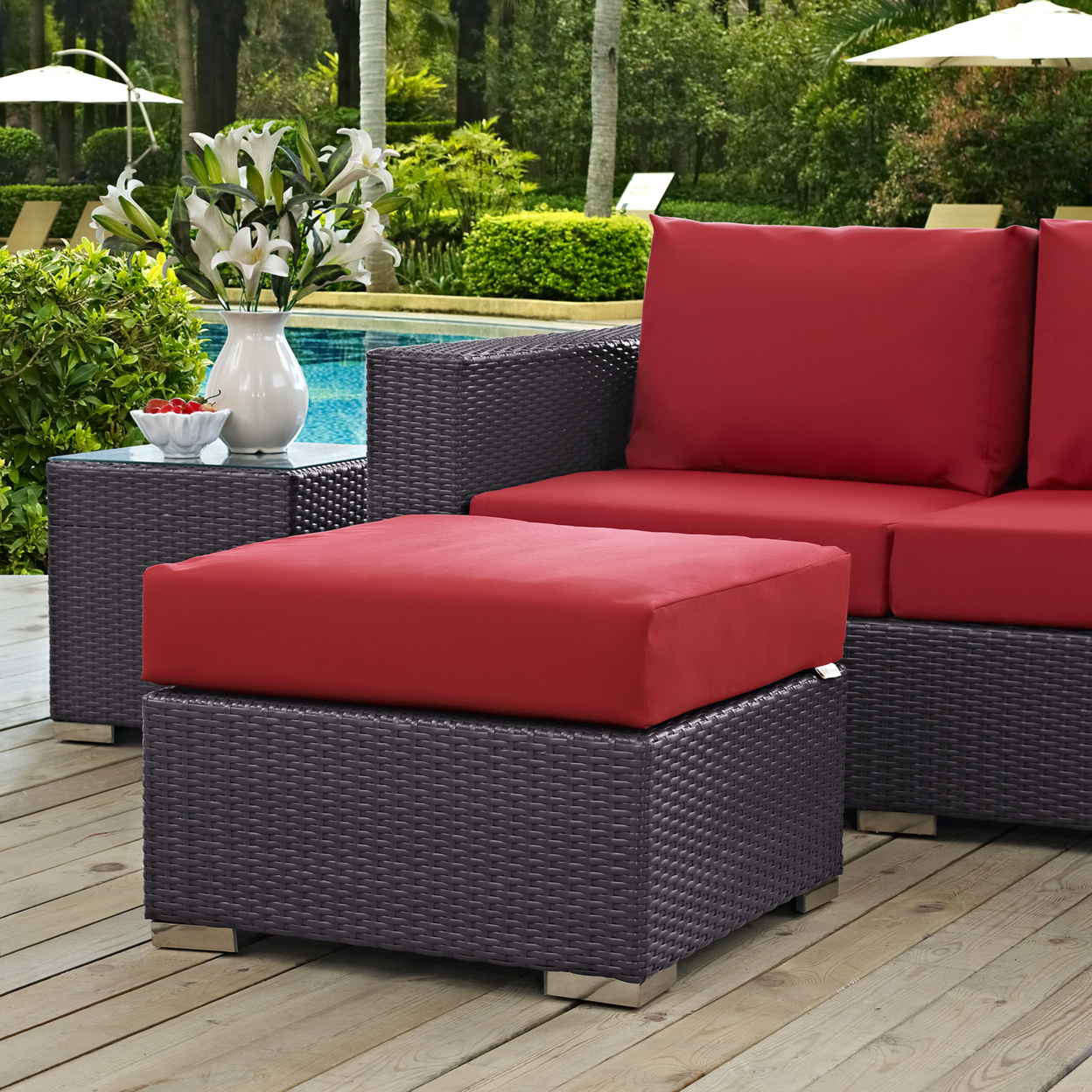 Red Red Convene Outdoor Patio Fabric Square Ottoman