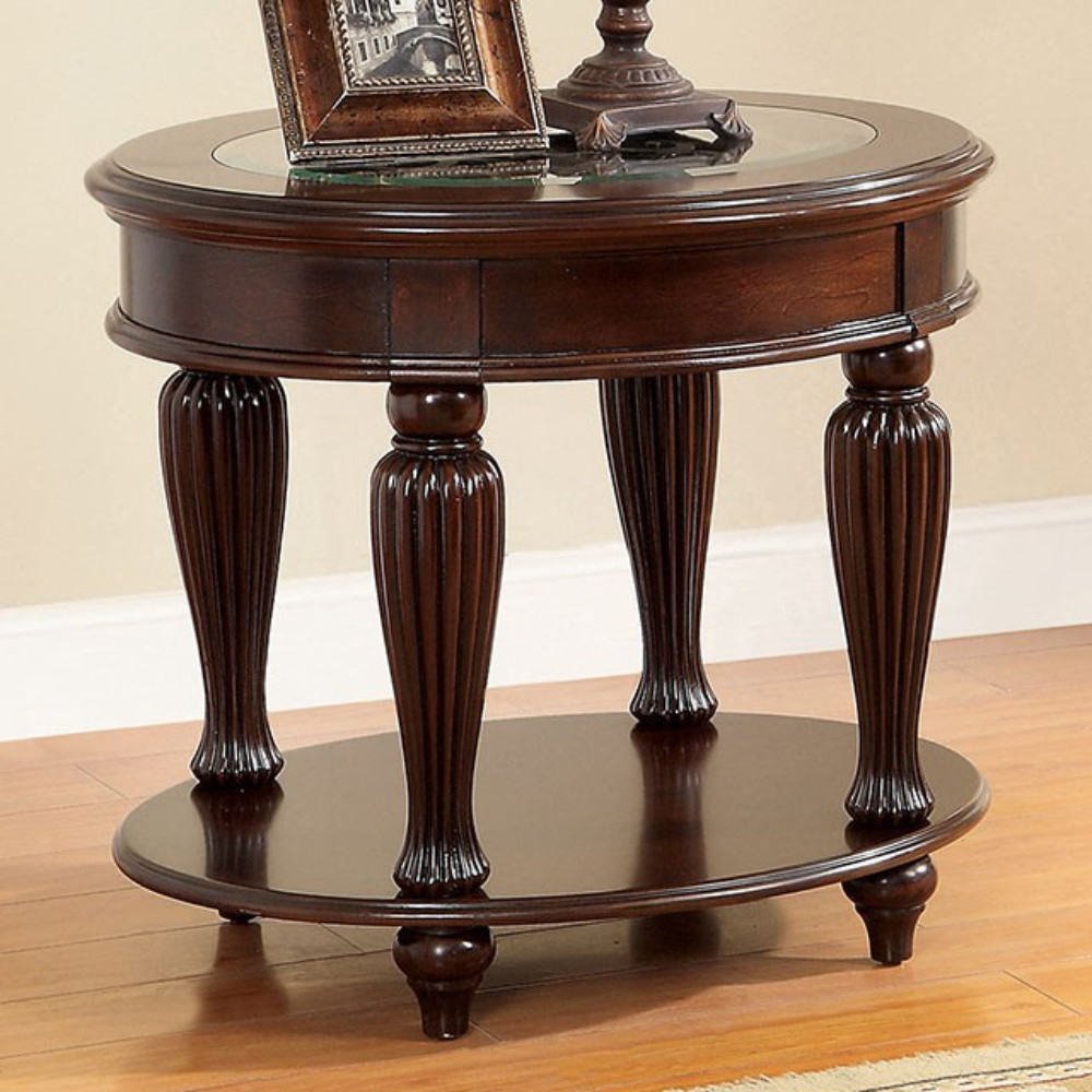 Round Wooden End Table With Ribbed Pillar Legs, Brown- Saltoro Sherpi